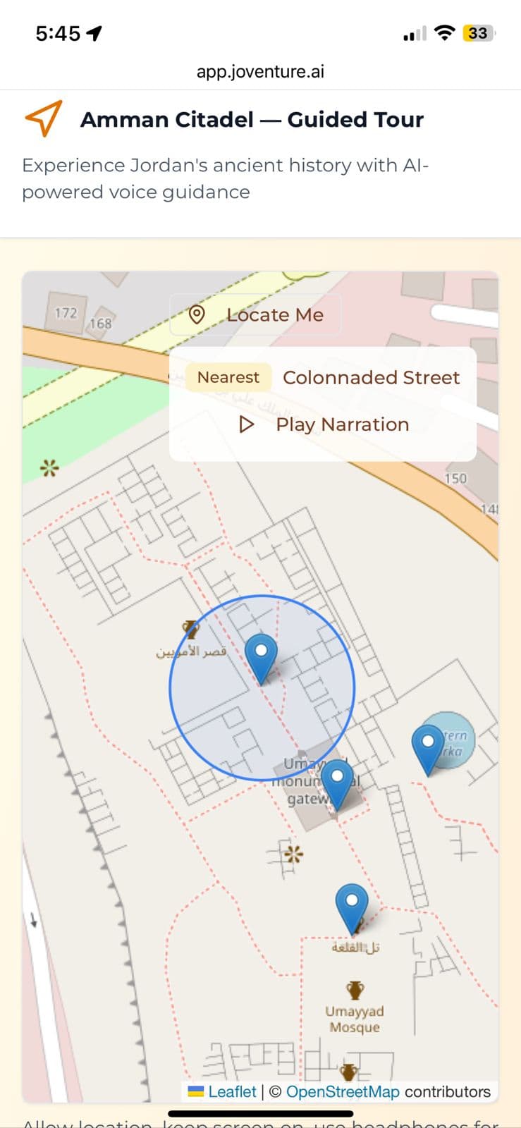 JoVenture app mockup showing AI tour guide and AR features for Jordan tourism